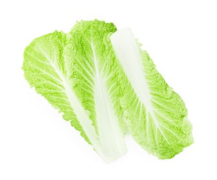 Photo of Fresh Chinese cabbage leaves isolated on white, top view