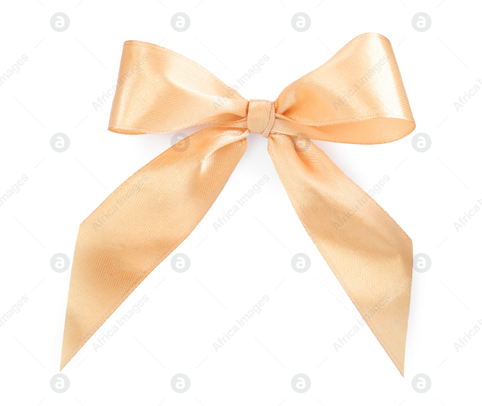 Photo of Beautiful golden ribbon tied in bow isolated on white, top view