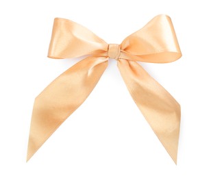 Photo of Beautiful golden ribbon tied in bow isolated on white, top view