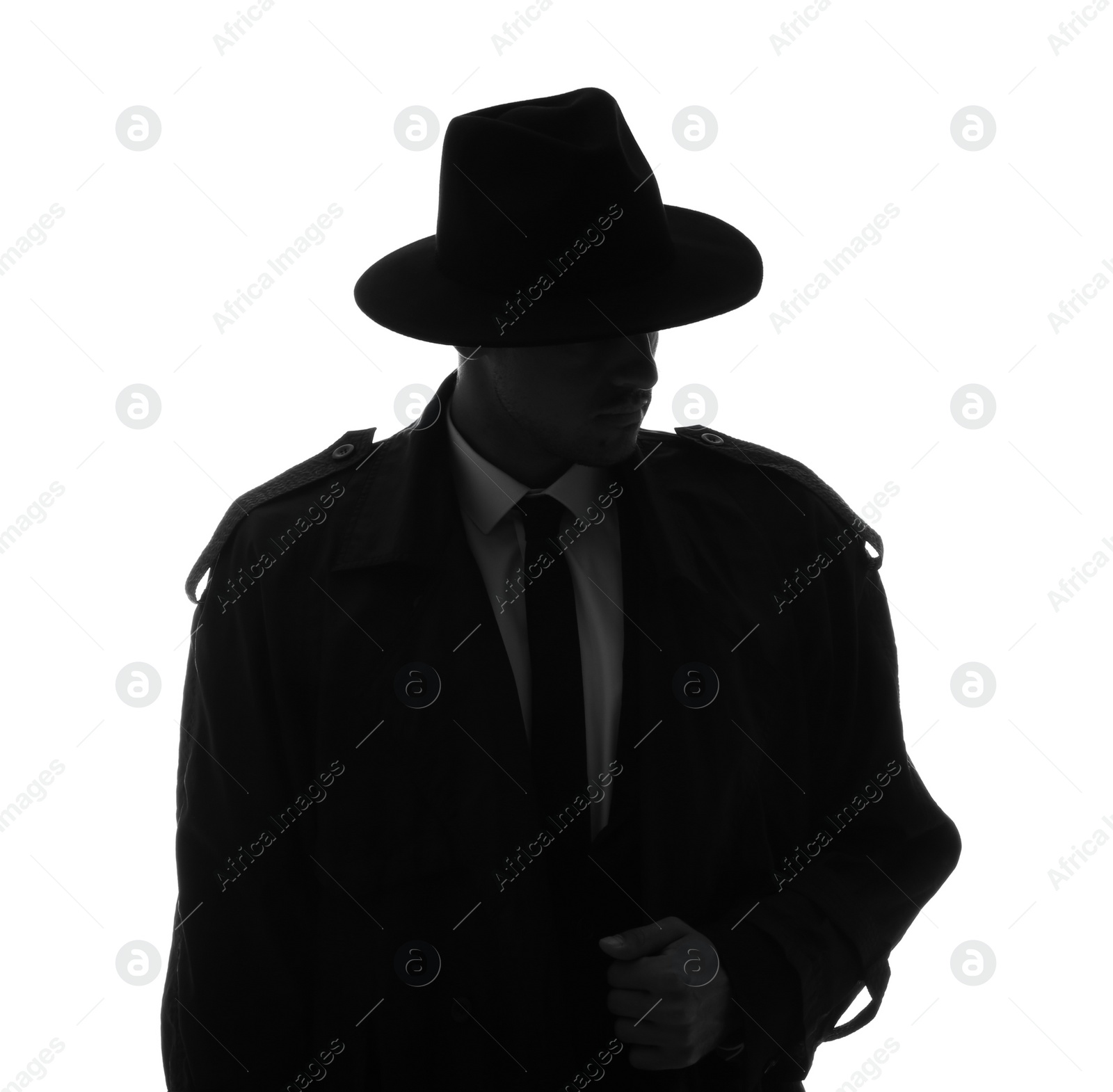 Photo of Old fashioned detective in hat on white background