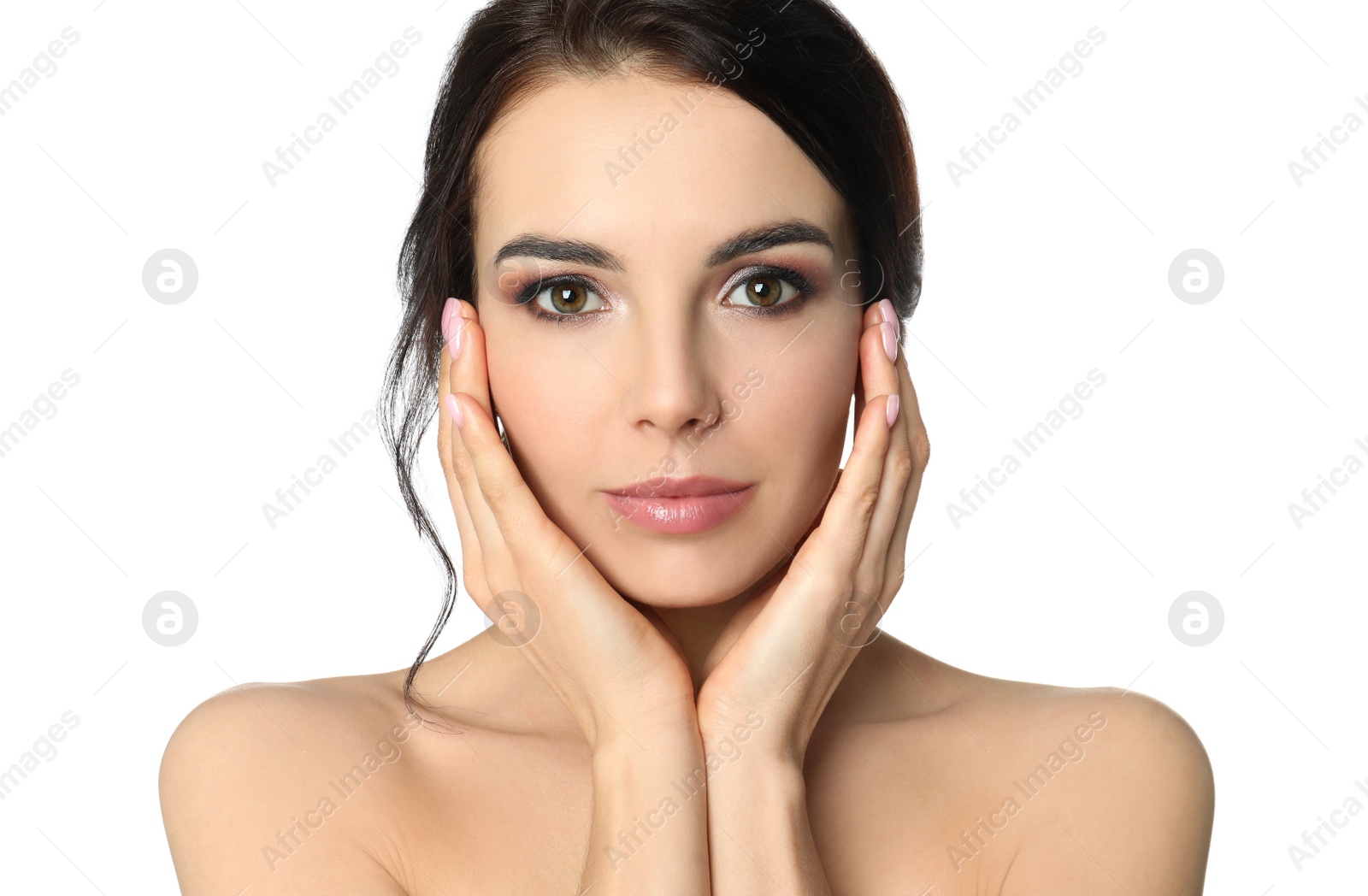 Photo of Portrait of young woman with beautiful hair on white background