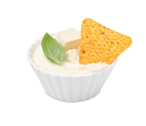 Delicious tofu sauce served with nachos chip isolated on white