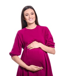 Young pregnant woman in casual clothes on white background