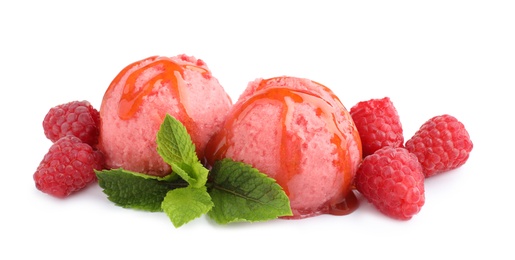 Photo of Scoops of delicious raspberry ice cream with mint, syrup and fresh berries on white background