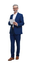 Photo of Mature businessman in stylish clothes with tablet on white background