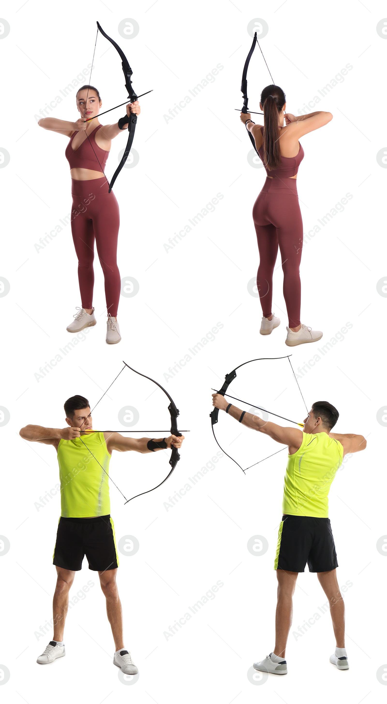 Image of People practicing archery on white background, collage