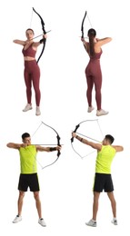 People practicing archery on white background, collage