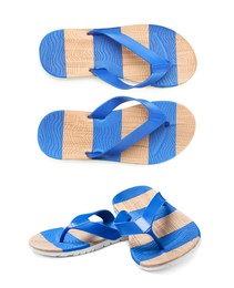 Pairs of striped flip flops on white background, collage