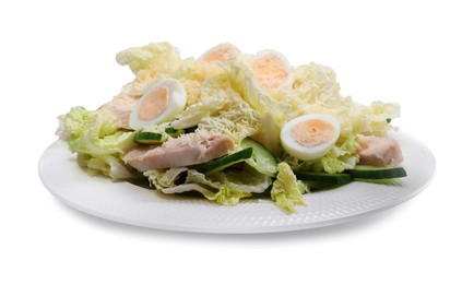 Photo of Delicious salad with Chinese cabbage, eggs and meat isolated on white