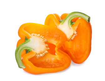 Photo of Cut orange bell pepper isolated on white