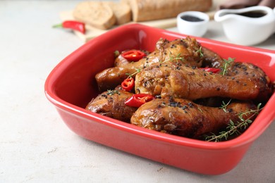 Photo of Chicken legs glazed with soy sauce, black sesame, chili pepper and thyme on light table, closeup
