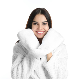 Photo of Young woman wiping face with towel on white background