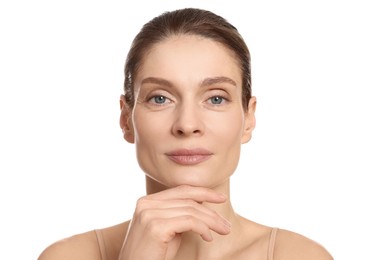 Photo of Woman massaging her face on white background