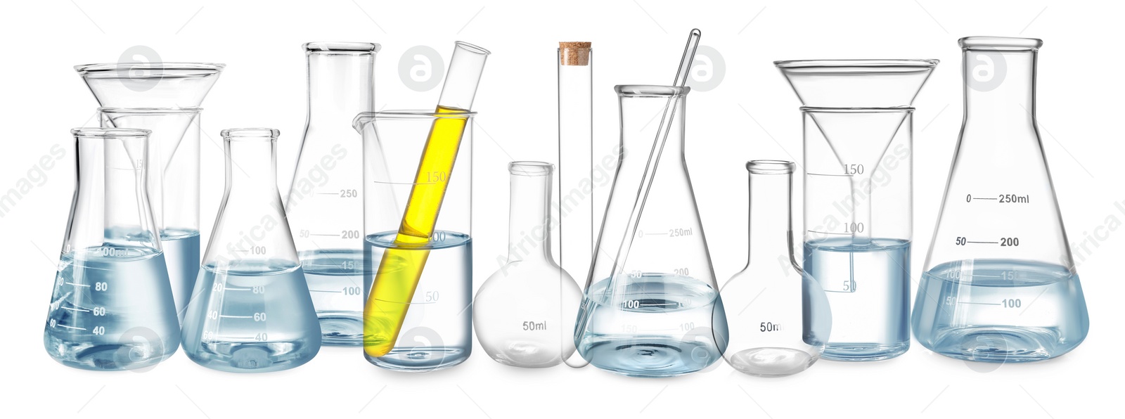Image of Set of different laboratory glassware isolated on white