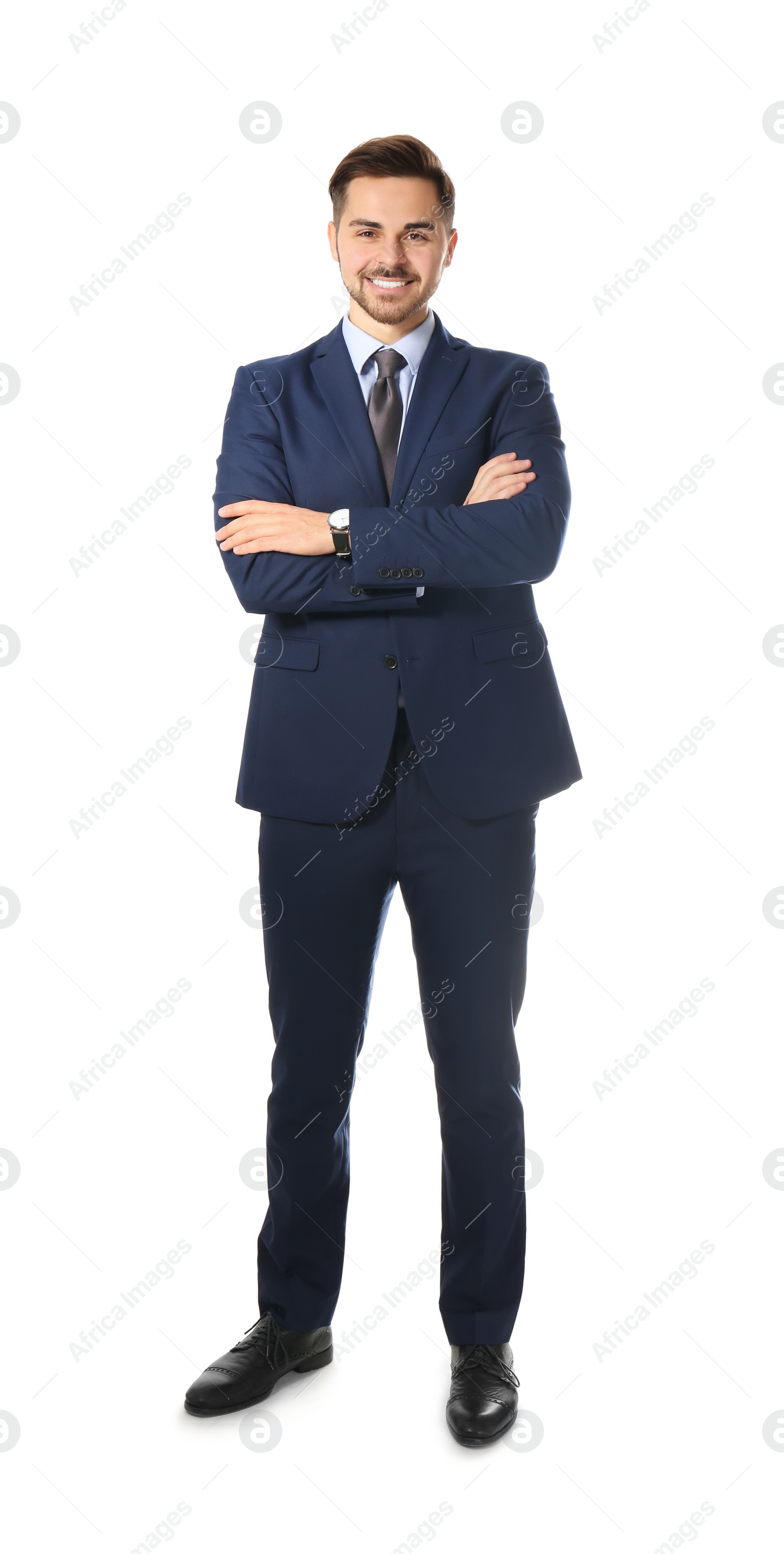 Photo of Full length portrait of businessman posing on white background