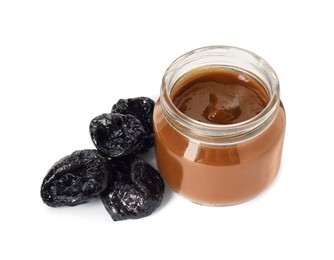 Jar of healthy baby food and dried prunes isolated on white