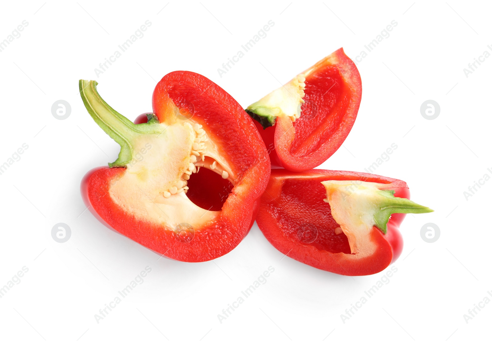 Photo of Cut ripe red bell pepper on white background