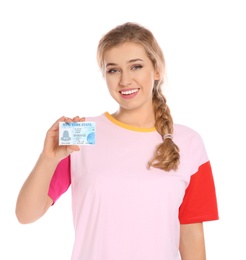 Photo of Happy young woman with driving license on white background
