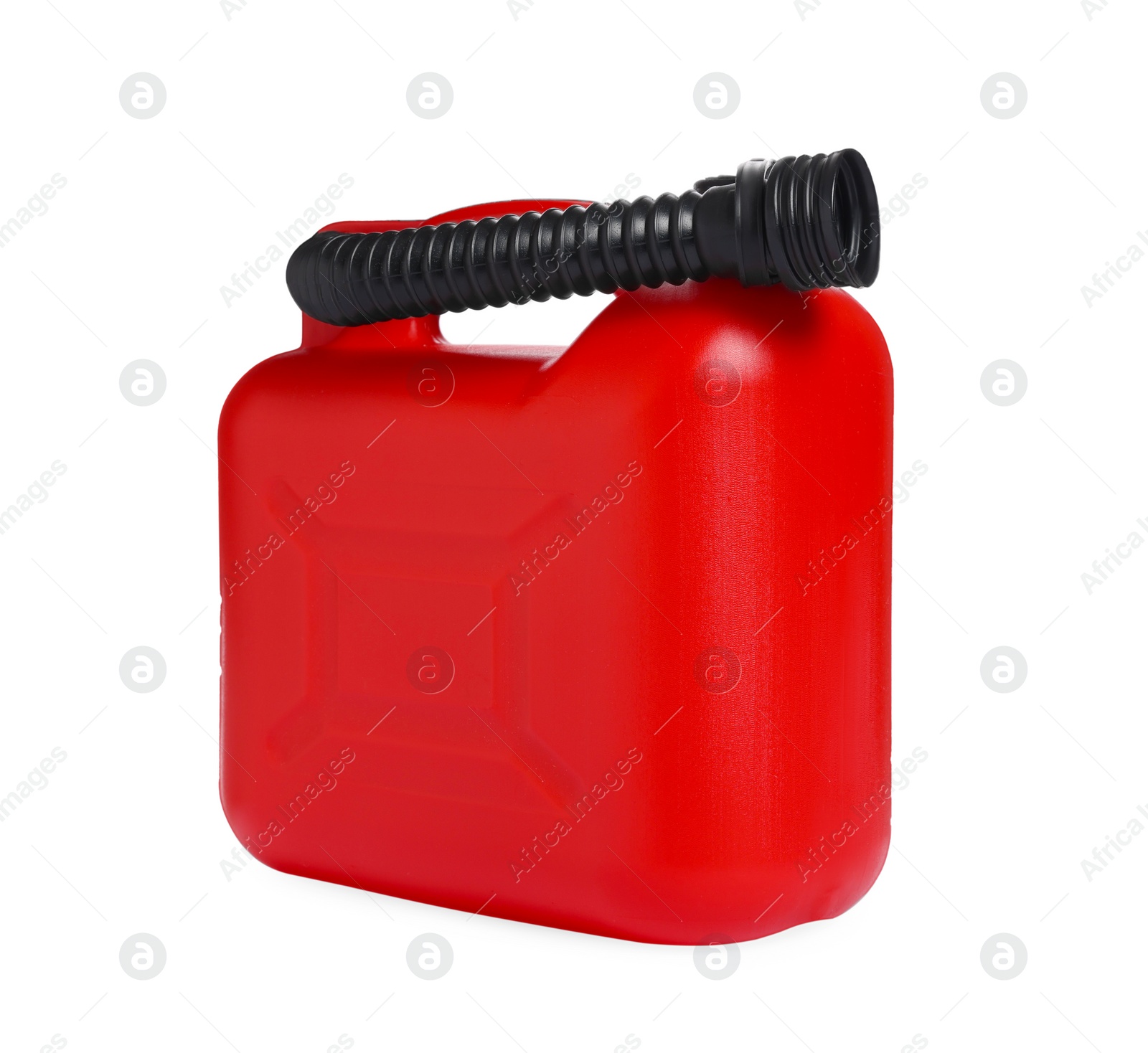 Photo of New red plastic canister isolated on white