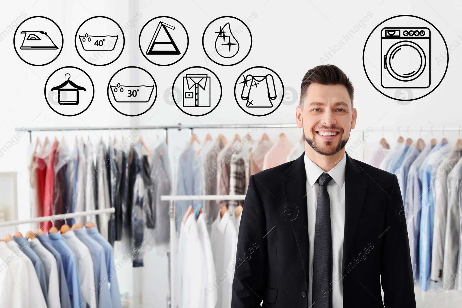 Image of Different icons and young businessman at dry-cleaner's