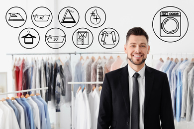 Image of Different icons and young businessman at dry-cleaner's
