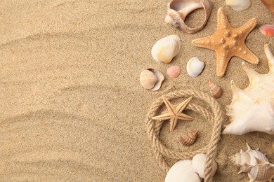 Photo of Beautiful sea stars, shells and rope on sand, flat lay. Space for text