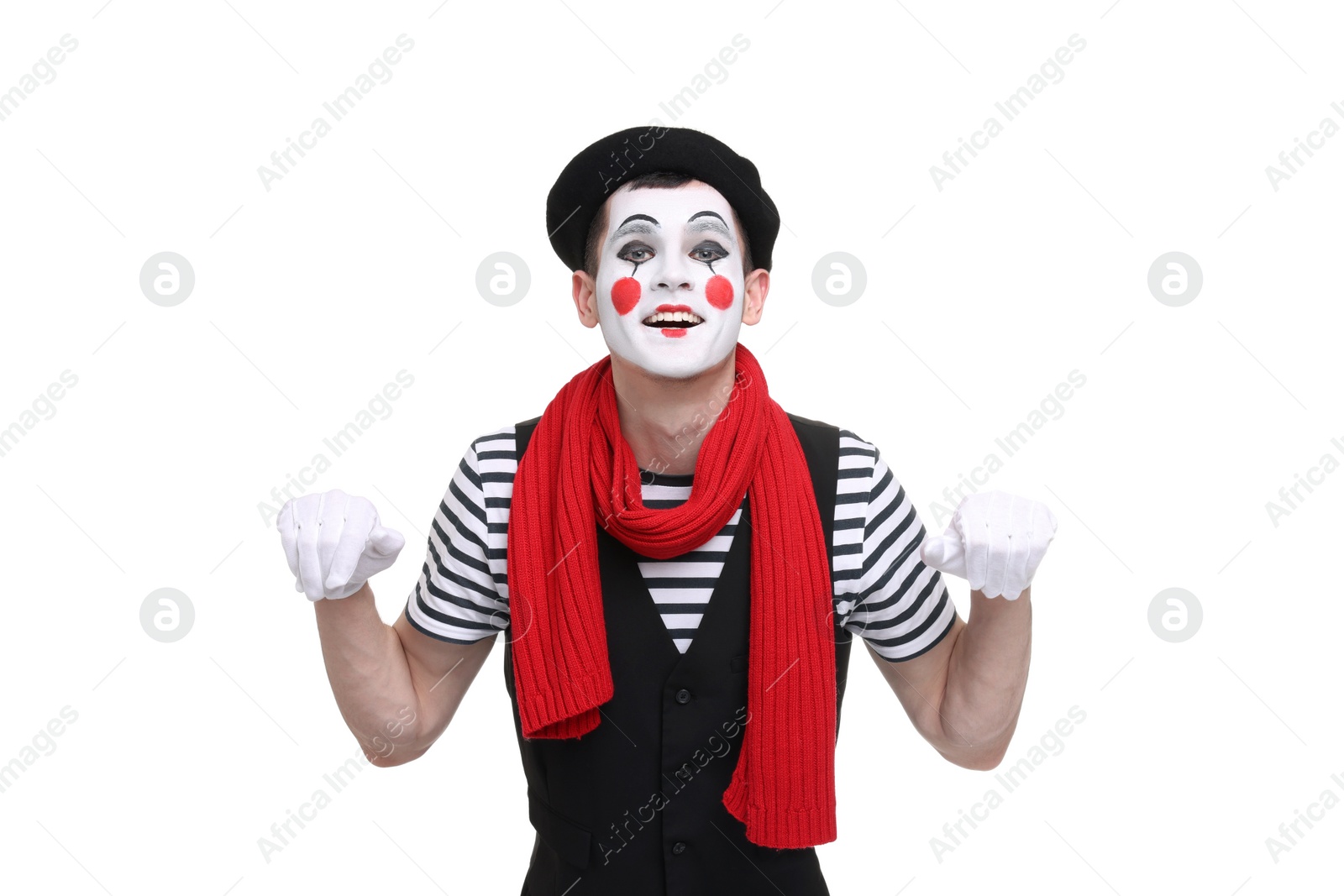 Photo of Funny mime artist in beret posing on white background