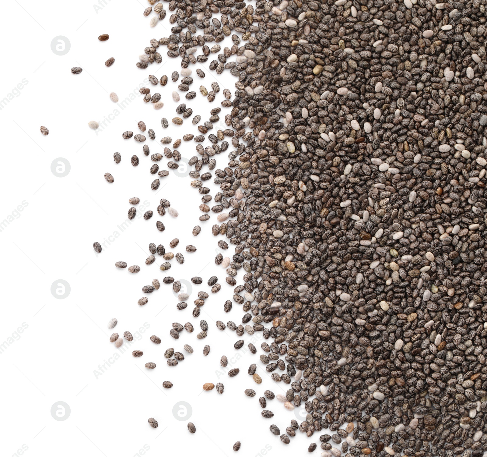 Photo of Pile of chia seeds on white background, top view