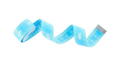 Photo of Light blue measuring tape isolated on white, top view