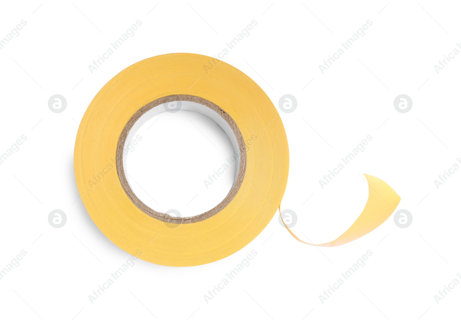 Photo of Yellow insulating tape isolated on white, top view