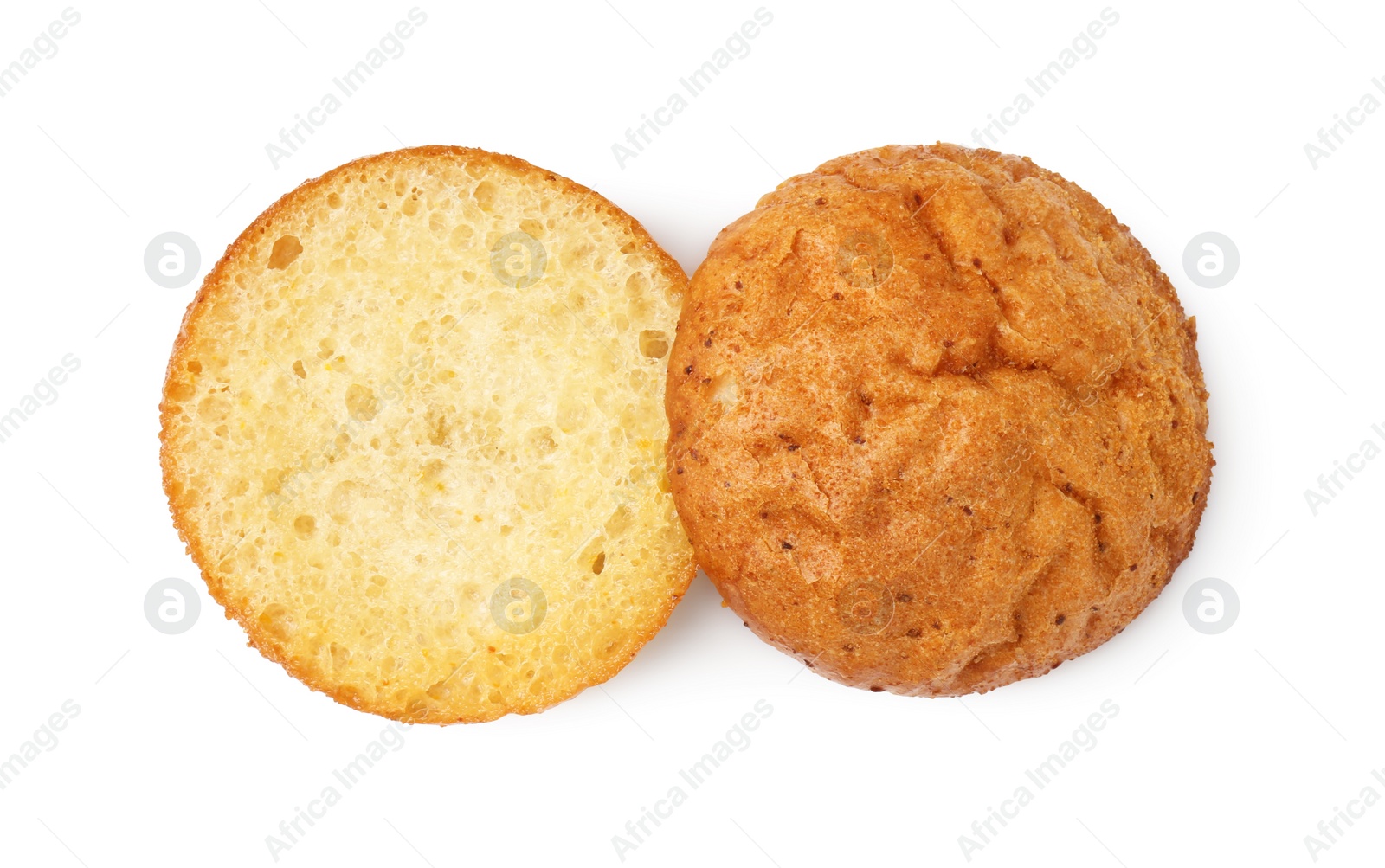 Photo of Halves of grilled burger bun isolated on white, top view