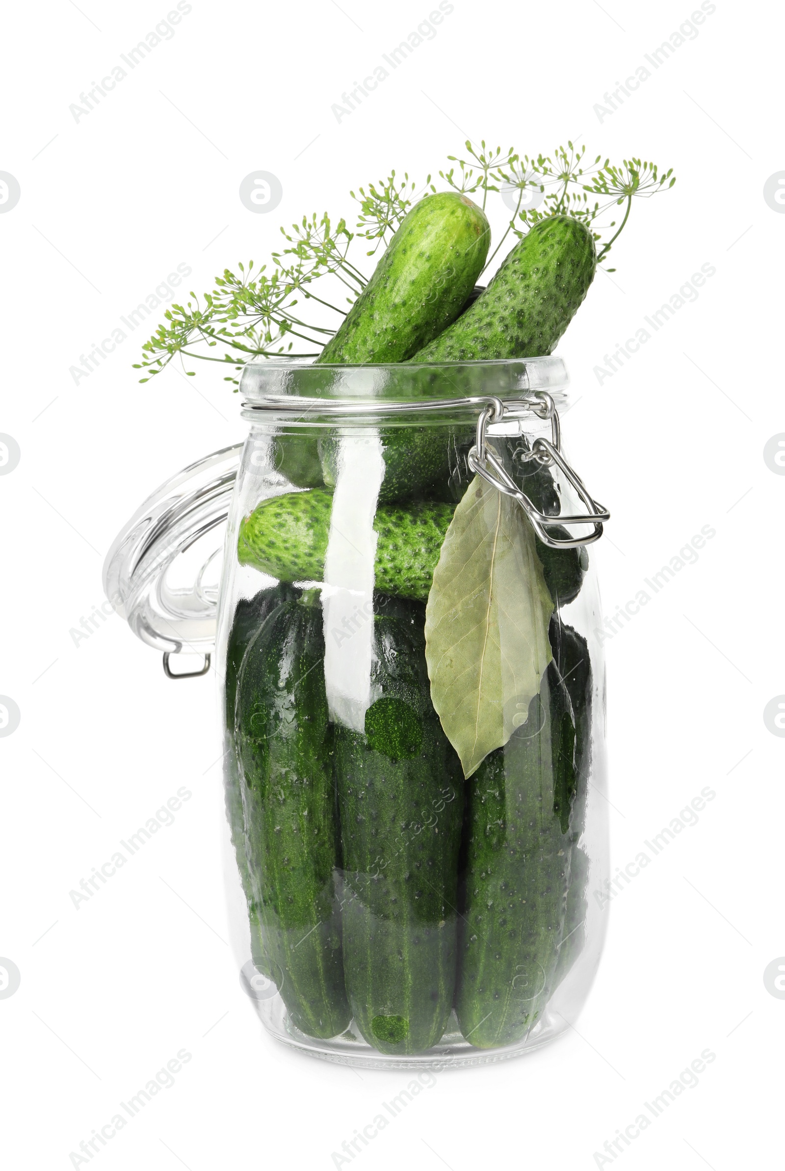 Photo of Pickling jar with fresh cucumbers isolated on white