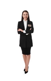 Photo of Full length portrait of happy young receptionist in uniform on white background