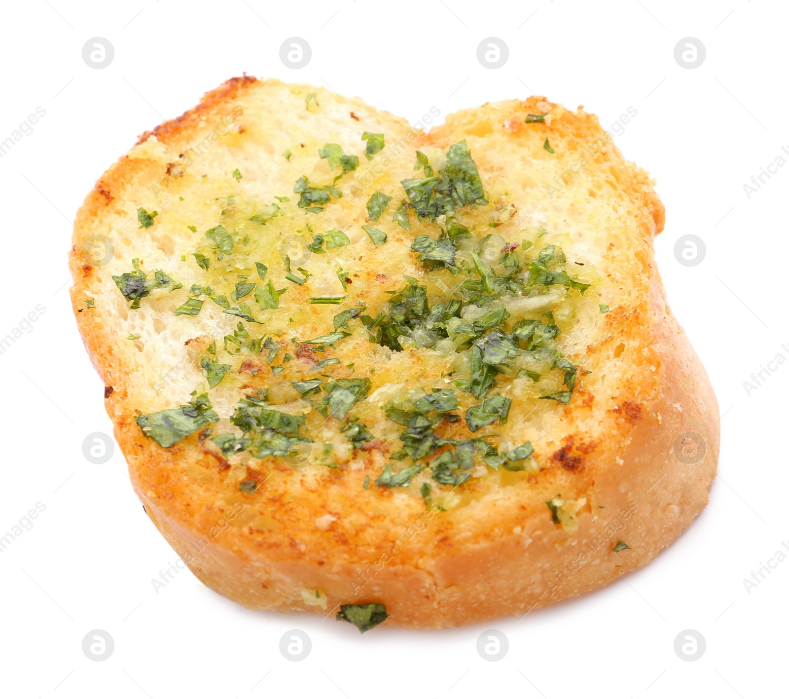 Photo of Slice of bread with garlic, cheese and herbs on white background