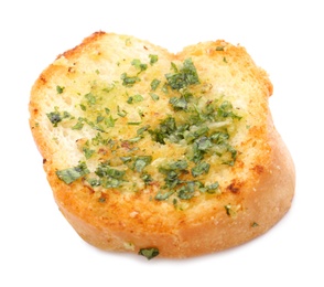 Photo of Slice of bread with garlic, cheese and herbs on white background