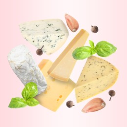 Image of Different kinds of cheese, basil, garlic and allspice falling on light pink background