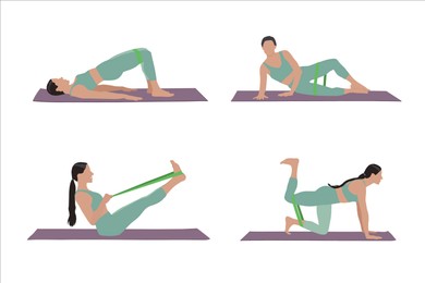 Illustration of Woman doing exercises with fitness elastic band on white background, collage