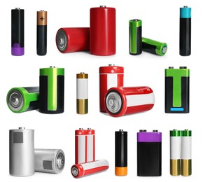 Image of Many batteries of different types on white background, collage