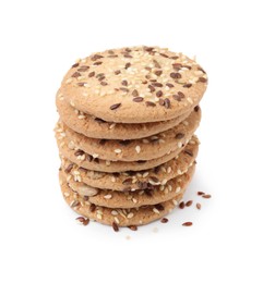 Photo of Stack of round cereal crackers with flax, sunflower and sesame seeds isolated on white