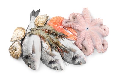 Photo of Fresh dorado fish, octopus, shrimps, oysters and salmon on white background, top view