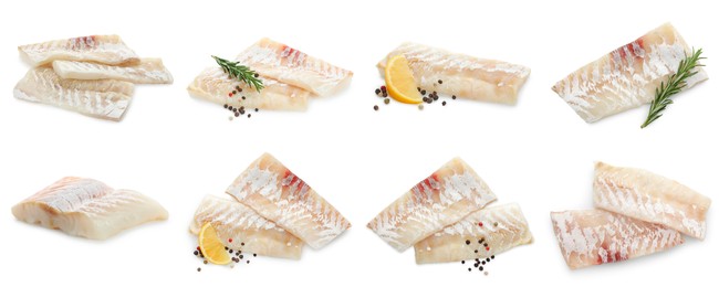 Image of Pieces of raw cod fish isolated on white, set