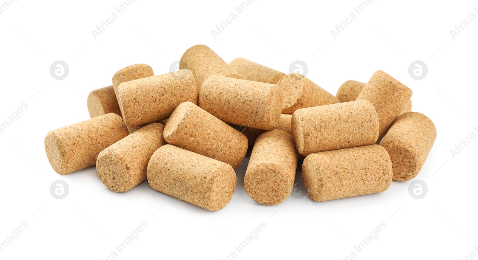 Photo of Pile of wine corks on white background. Bottle cap