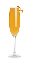 Fresh alcoholic Mimosa cocktail decorated with orange peel isolated on white