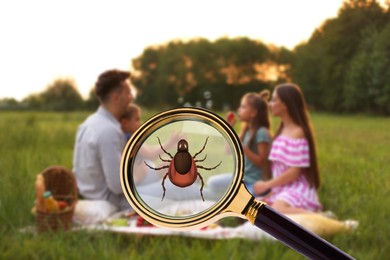 Image of Family having picnic in park and don't even suspect about hidden danger in green grass. Illustration of magnifying glass with tick, selective focus