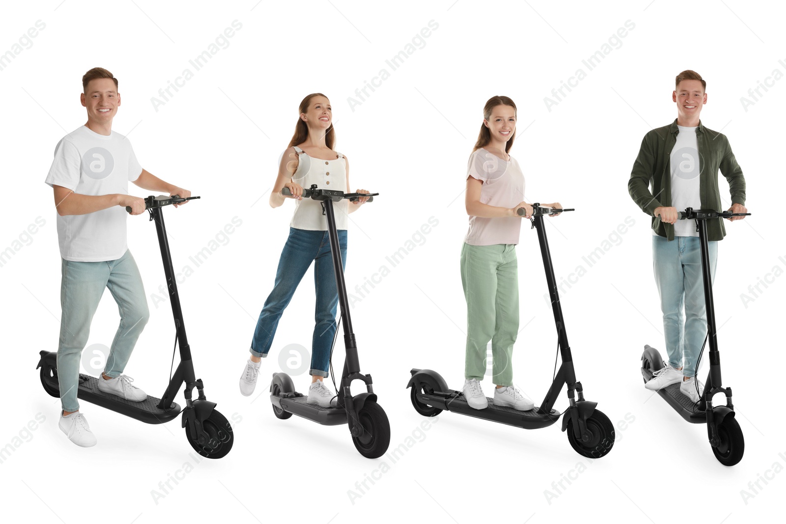 Image of Man and woman with electric kick scooter isolated on white. Set of photos