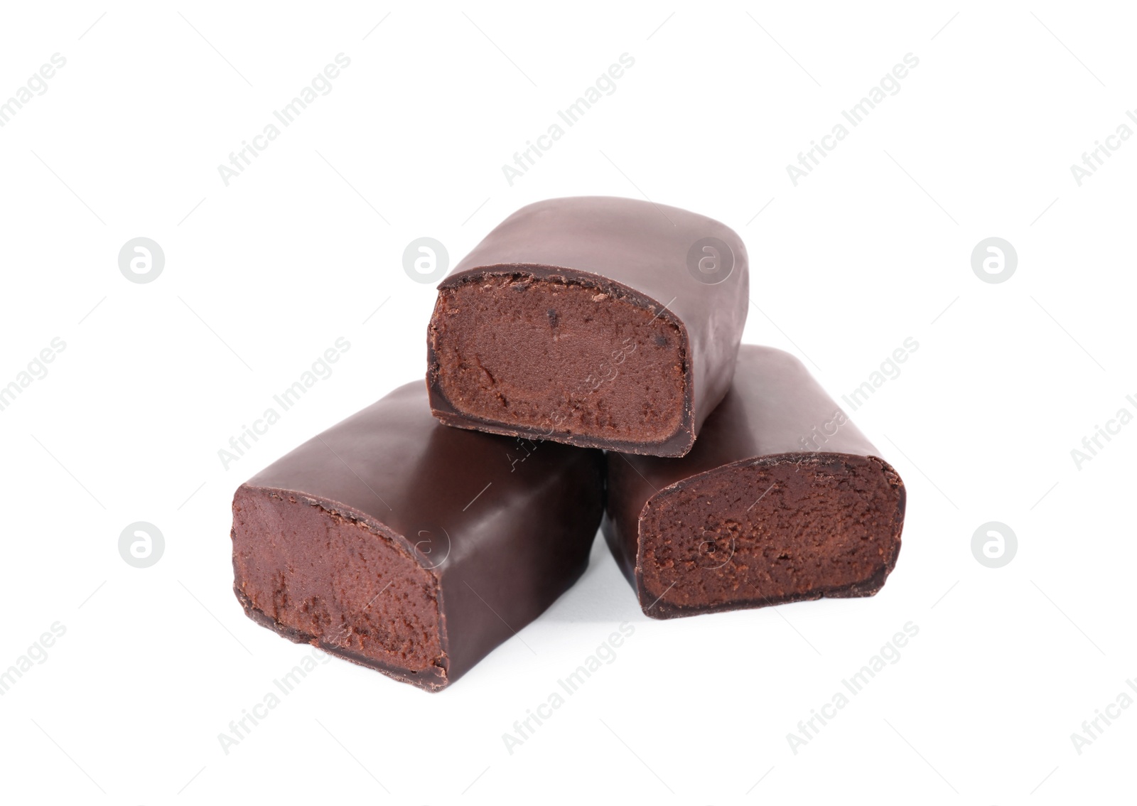 Photo of Delicious cut glazed cheeses with cocoa on white background