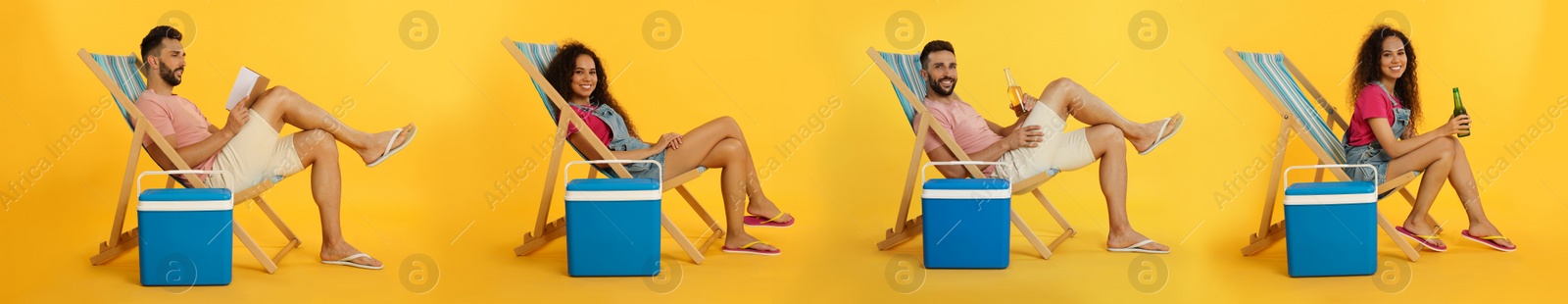 Image of Collage with photos of people resting in deck chairs near cool boxes on yellow background. Banner design