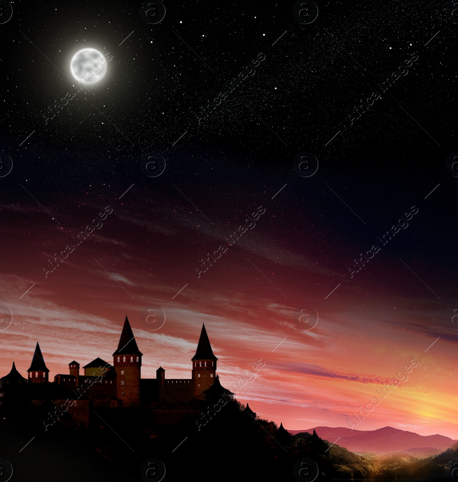Image of Fairy tale world. Magnificent castle under starry sky with full moon 
