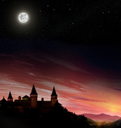 Image of Fairy tale world. Magnificent castle under starry sky with full moon 