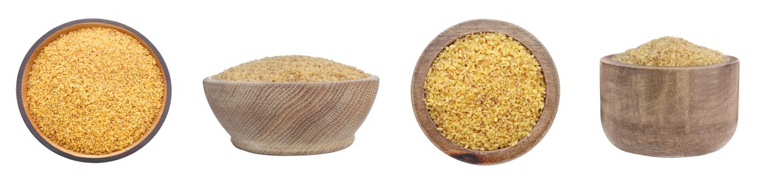 Image of Collage with wooden bowls of uncooked bulgur, top and side views